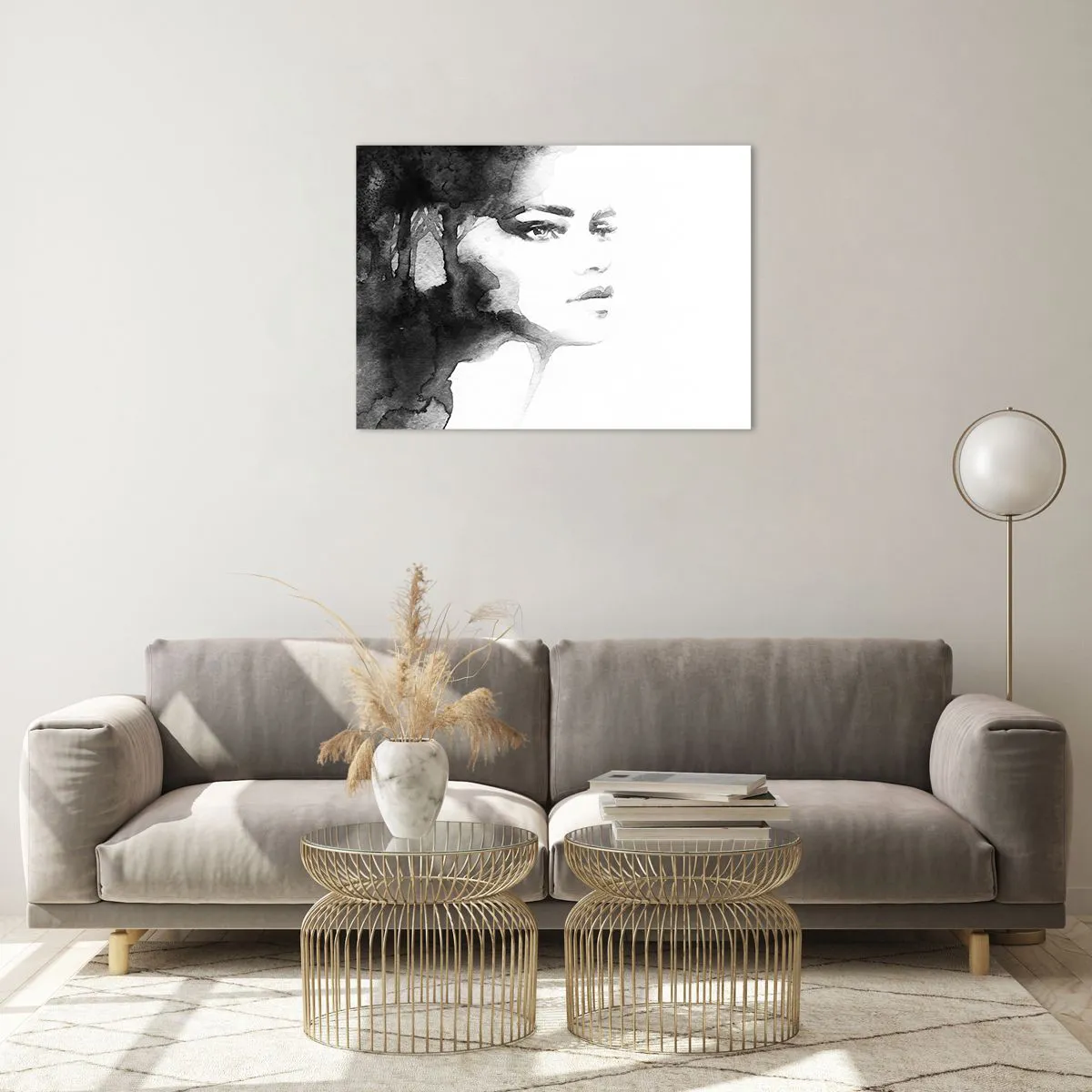 Glass picture - Black and white watercolor portrait of a woman - 70x50cm - Created from Mystery and Mist - Modern wall decoration for the living room and bedroom ARTTOR