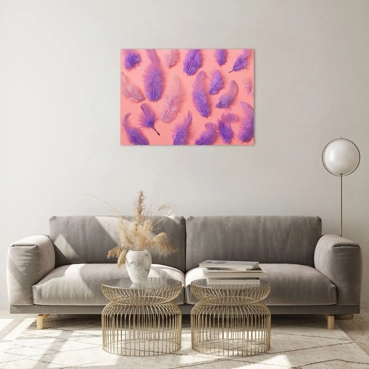 Glasbild - Bild auf glas - Lila Federn auf rosa Hintergrund in einer zarten Komposition - 70x50cm - Lila Vogel der Begierde - Moderne Wanddekoration für Wohnzimmer und Schlafzimmer ARTTOR