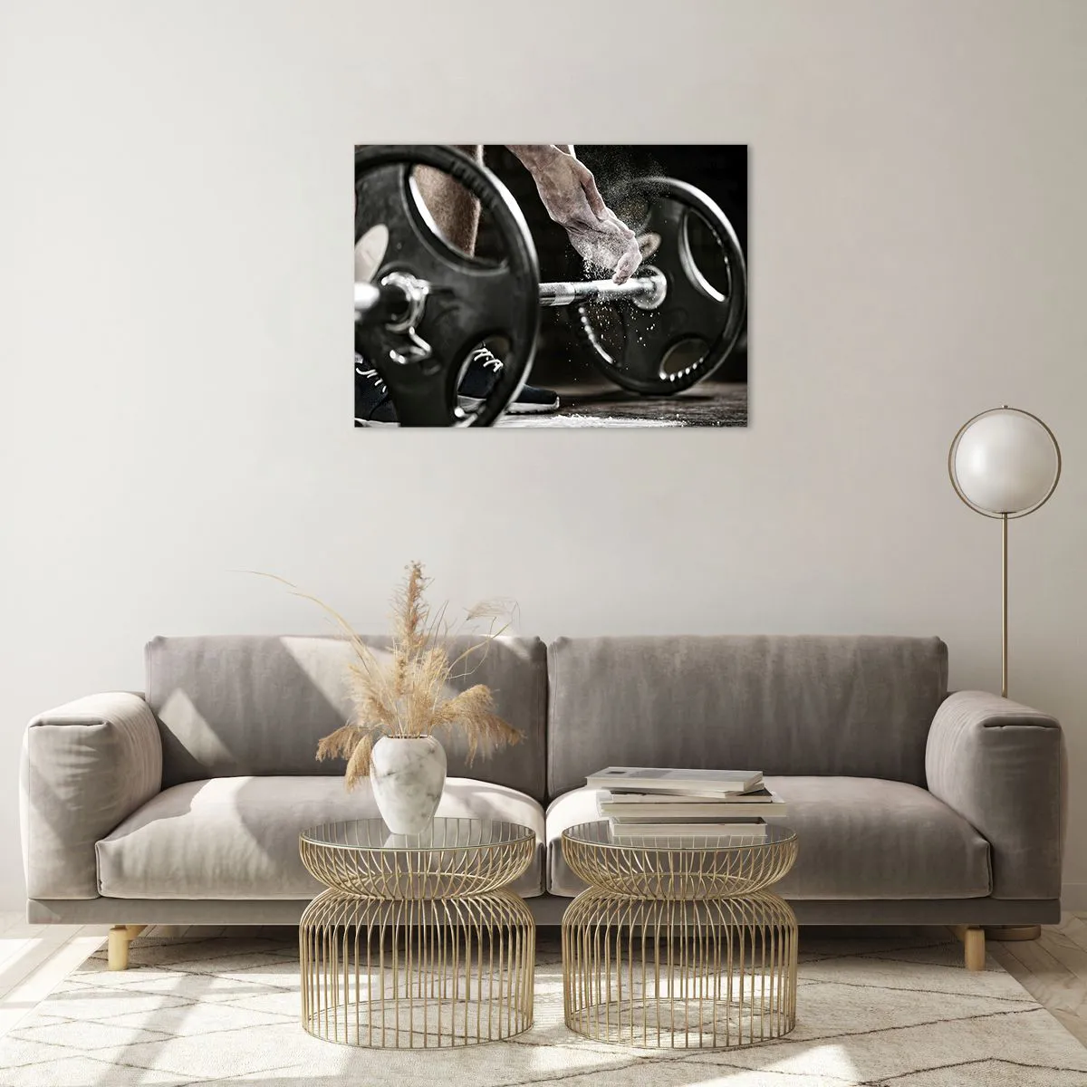 Impression sur verre - Image sur verre - Haltérophilie avec de la craie sur les mains et une barre - 70x50cm - Défi accepté! - Décoration murale moderne pour le salon et la chambre ARTTOR