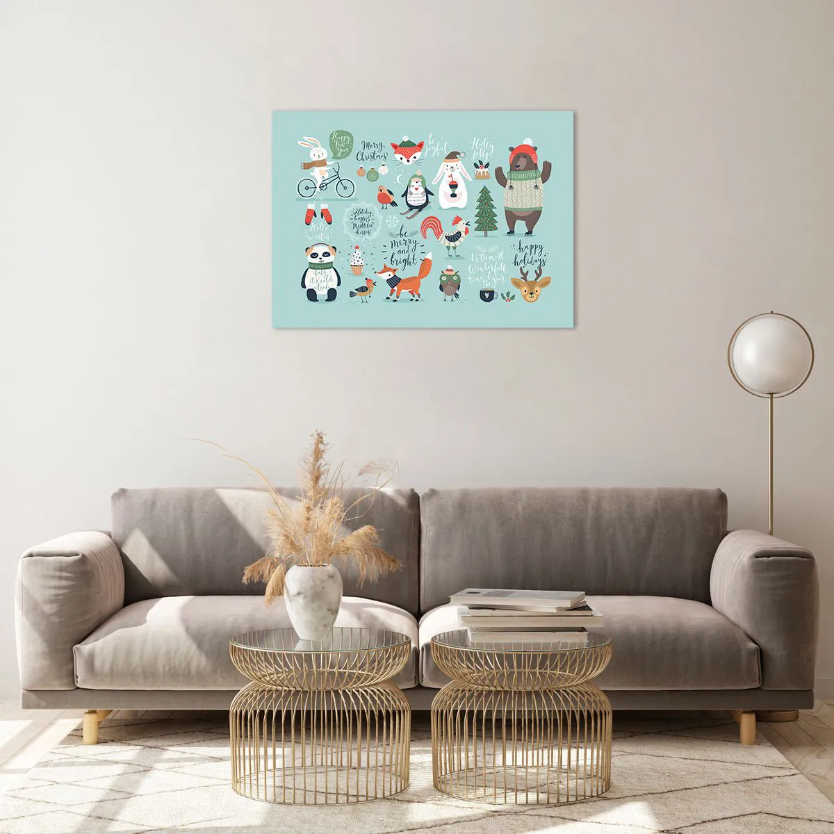 Glass picture - Christmas animal illustrations on a pastel background - 70x50cm - Let Christmas Last Forever! - Modern wall decoration for the living room and bedroom ARTTOR
