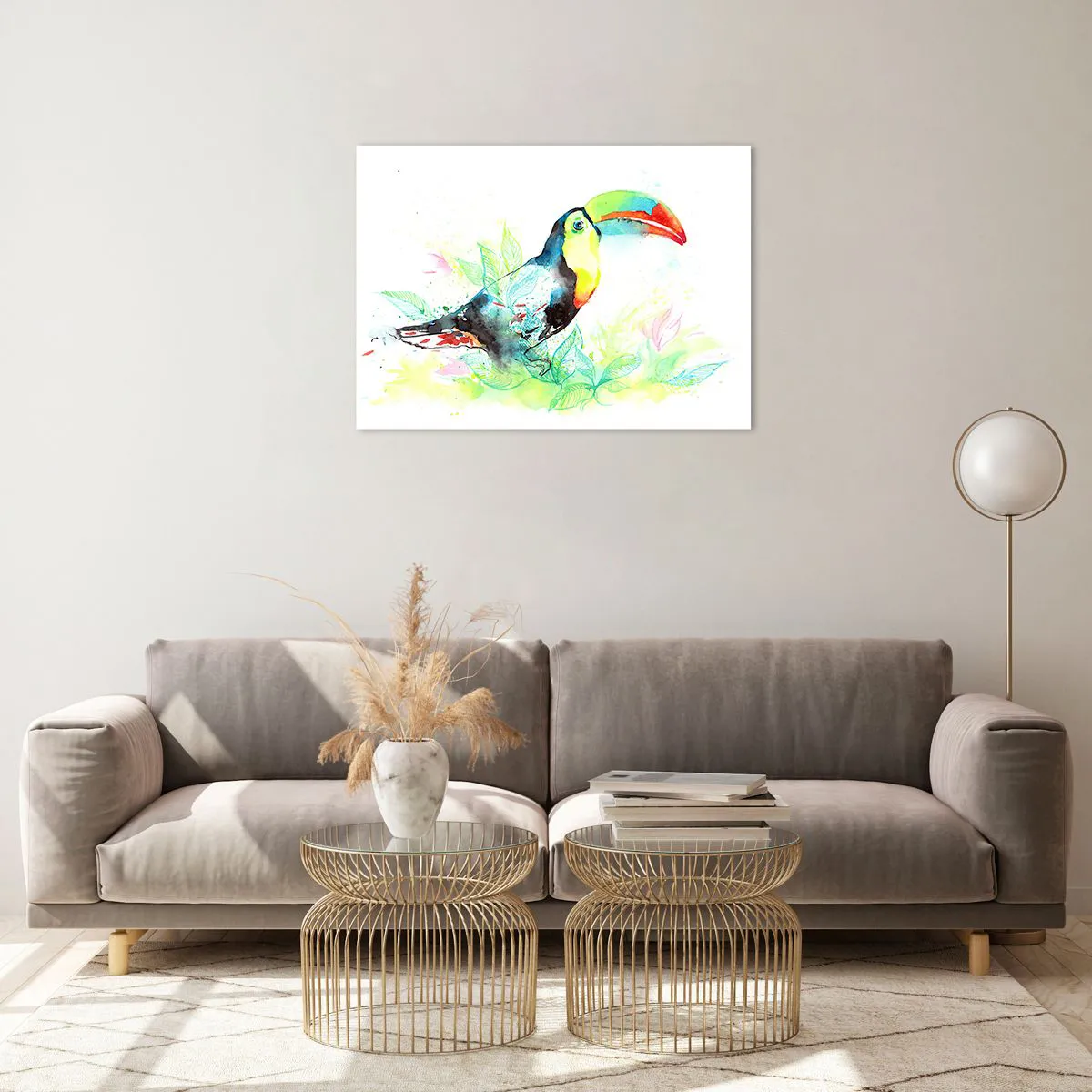 Impression sur verre - Image sur verre - Un toucan coloré dans un paysage aquarelle avec des feuilles - 70x50cm - Aussi coloré que l'Amérique du Sud - Décoration murale moderne pour le salon et la chambre ARTTOR