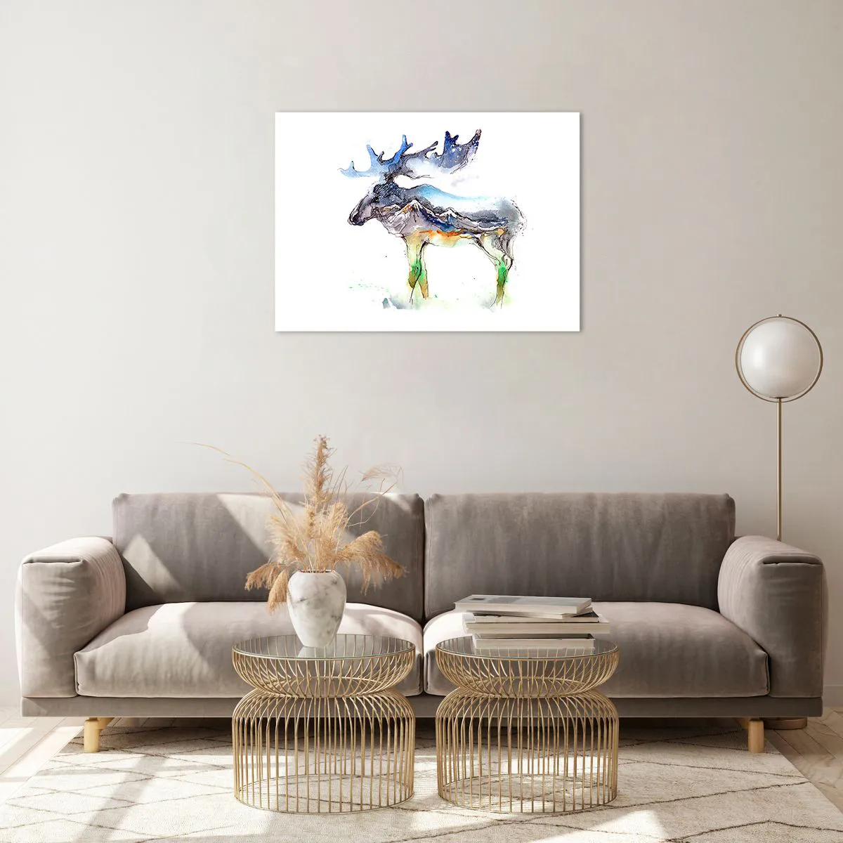 Glasbild - Bild auf glas - Aquarellmalerei eines Elches mit Bergsilhouette-Motiv - 70x50cm - Der Held eines Wintermärchens - Moderne Wanddekoration für Wohnzimmer und Schlafzimmer ARTTOR