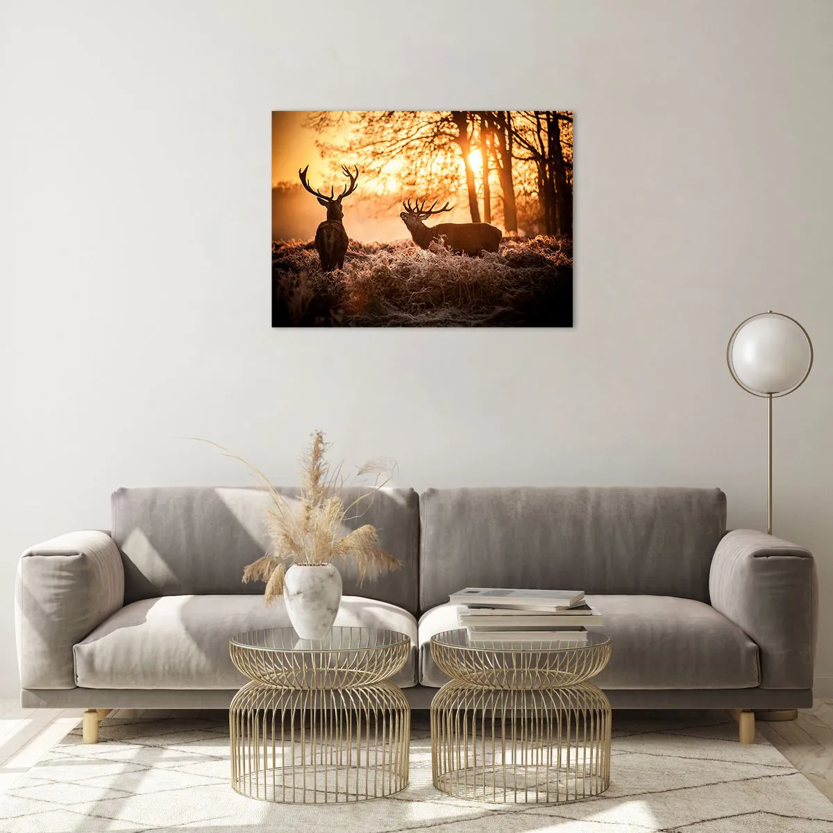 Tablou pe sticlă - Două căprioare într-o scenă de pădure la răsărit - 70x50cm - Visul unui vânător - Decorațiune modernă pentru perete pentru living și dormitor ARTTOR