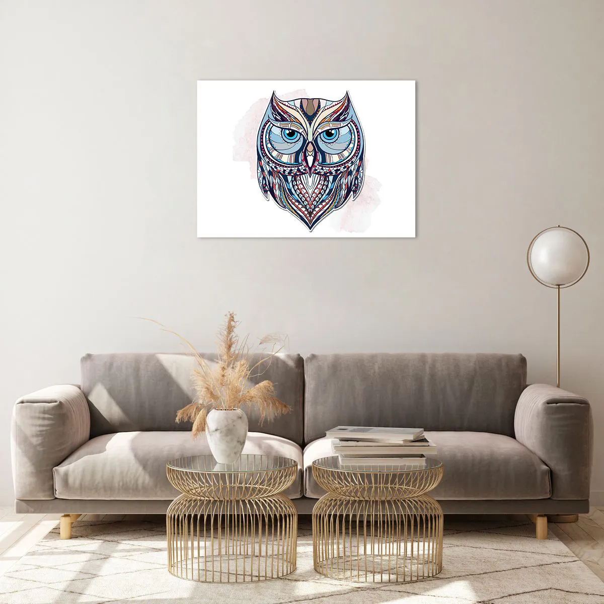 Billede på glas - Farverigt, geometrisk portræt af en ugle - 70x50cm - Kunstnerisk ornamental ugle - Moderne vægdekoration til stue og soveværelse ARTTOR