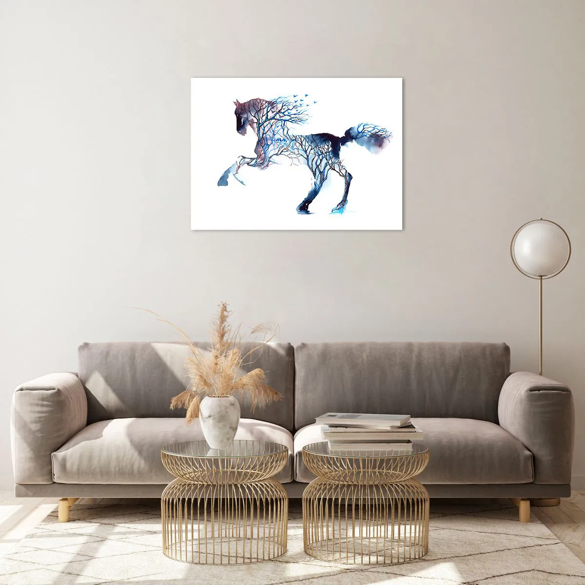 Glastavla - Bild på glas - Illustration av en häst med grenar istället för en kropp - 70x50cm - Som om skogen rört sig - Modern väggdekoration för vardagsrum och sovrum ARTTOR