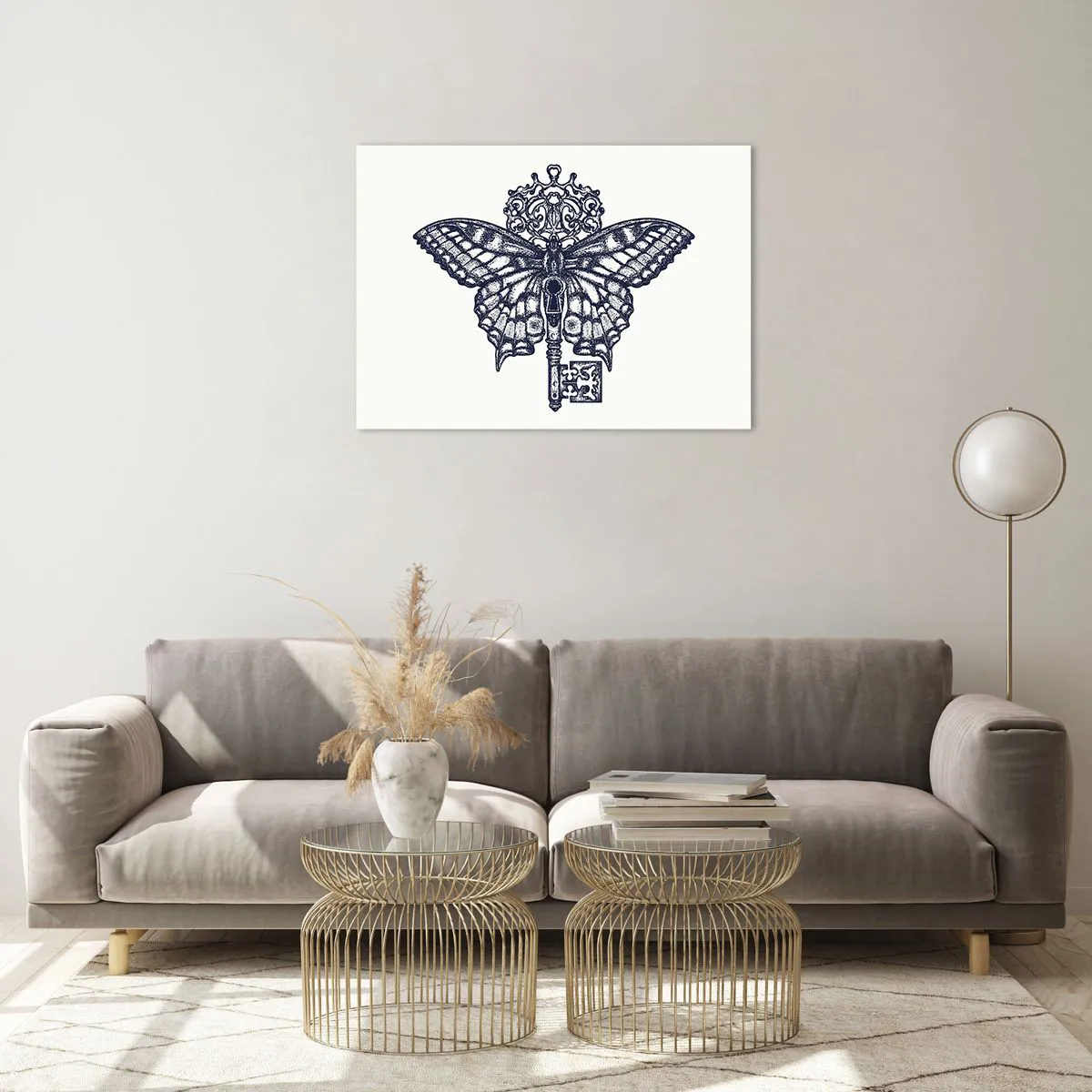 Obraz na skle - Ilustrace motýla s klíčem uprostřed - 70x50cm - Všechna tajemství srdce - Moderní nástěnná dekorace do obývacího pokoje a ložnice ARTTOR