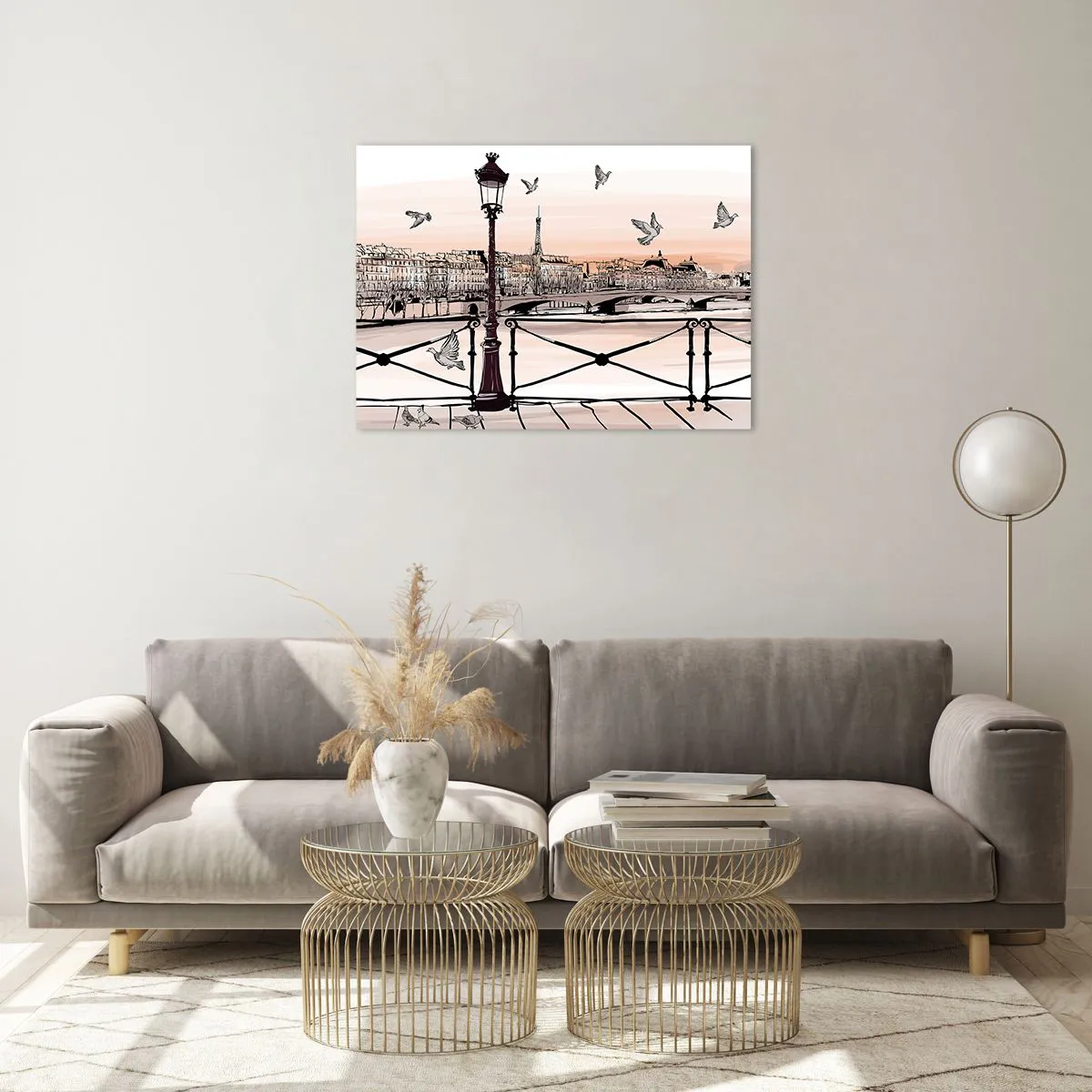 Tablou pe sticlă - Ilustrație a unei străzi pariziene cu vedere la Turnul Eiffel în zori - 70x50cm - Deasupra acoperișurilor Parisului - Decorațiune modernă pentru perete pentru living și dormitor ARTTOR