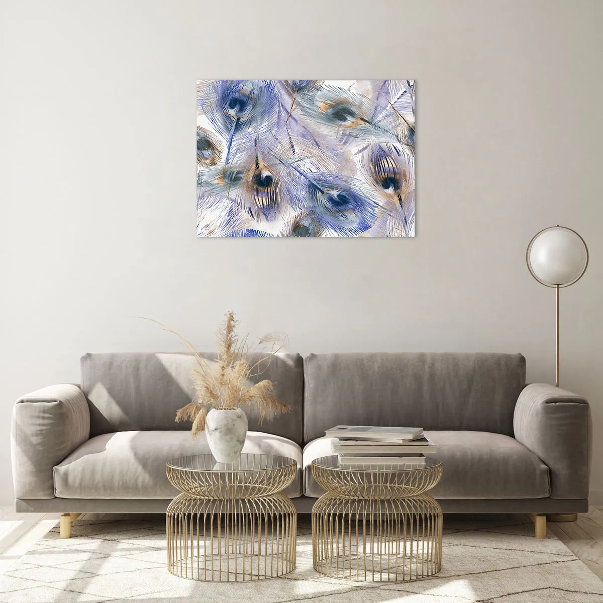 Impression sur verre - Image sur verre - Plumes de paon délicates dans des tons de bleu et de marron - 70x50cm - Composition de paon - Décoration murale moderne pour le salon et la chambre ARTTOR