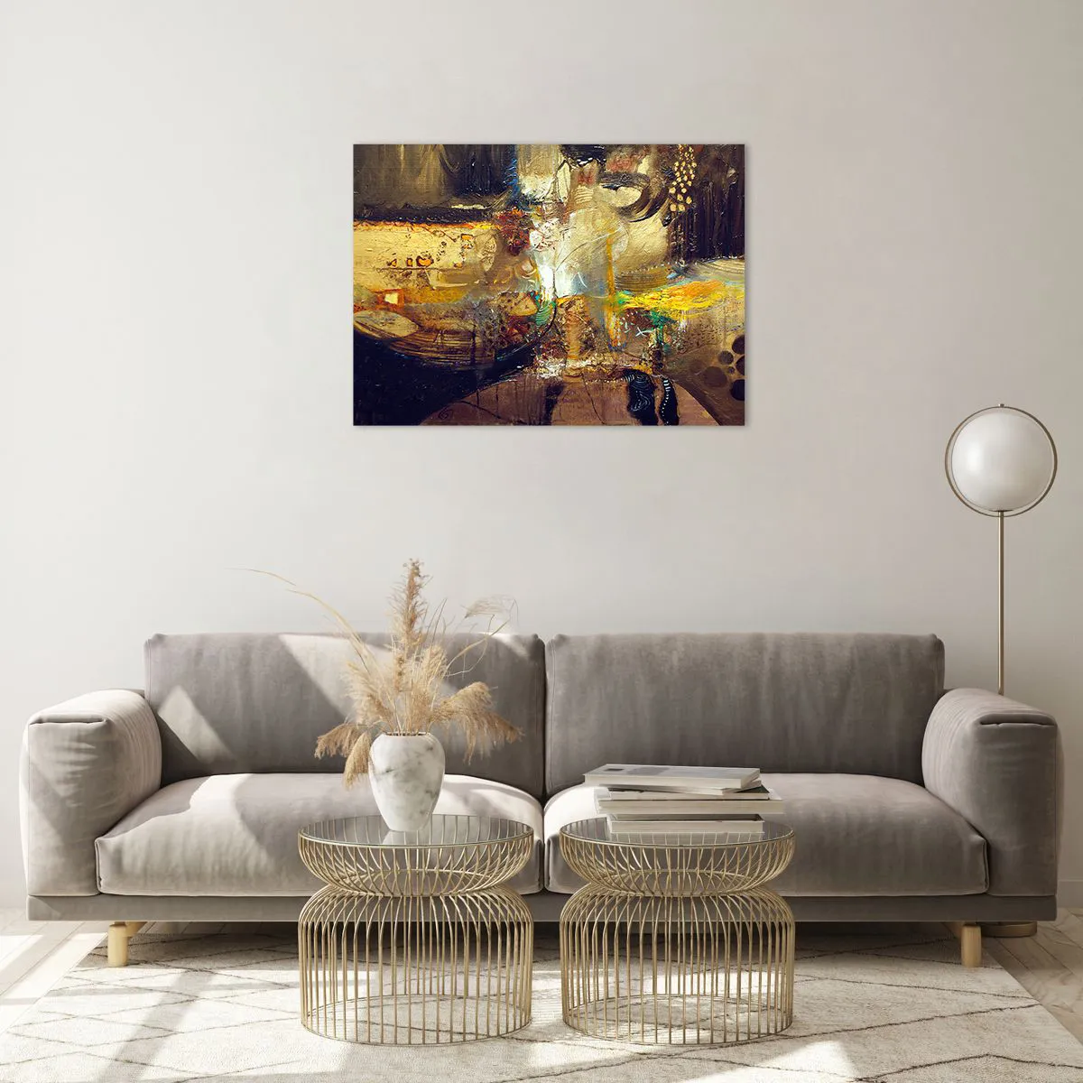 Tablou pe sticlă - Compoziție abstractă în nuanțe de auriu și maro - 70x50cm - Rece, călduț, fierbinte - Decorațiune modernă pentru perete pentru living și dormitor ARTTOR