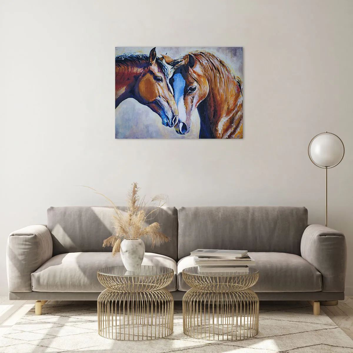 Obraz na szkle - Dwa konie w czułym geście bliskości - 70x50cm - Czy to jest przyjaźń? czy to jest kochanie? - Nowoczesna dekoracja ścienna do salonu i sypialni ARTTOR