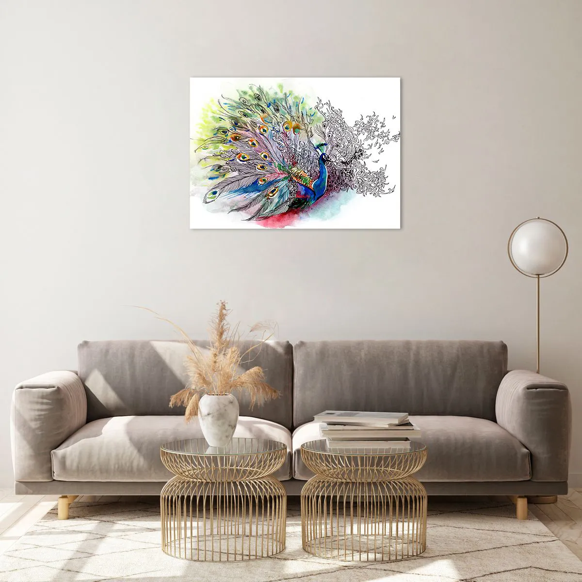 Cuadro sobre vidrio - Impresiones sobre Vidrio - Pavo real colorido en un estilo artístico de acuarela. - 70x50cm - Con orgullo contra el gris - Decoración de pared moderna para salón y dormitorio ARTTOR