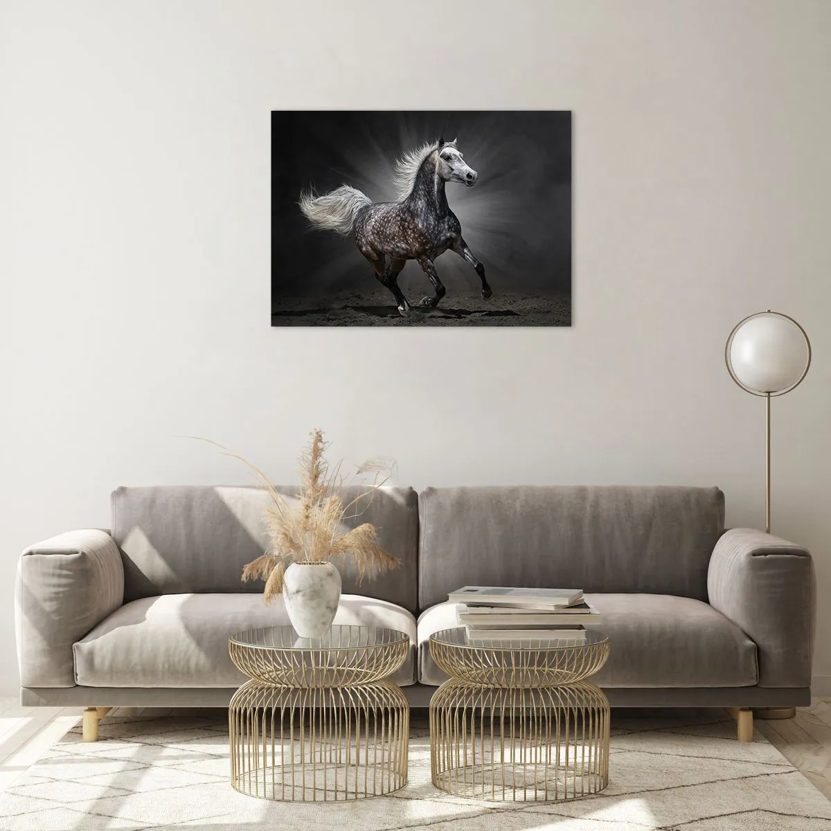 Glass picture - A galloping horse against a dark background with a lighting effect. - 70x50cm - Grey Is Beautiful - Modern wall decoration for the living room and bedroom ARTTOR