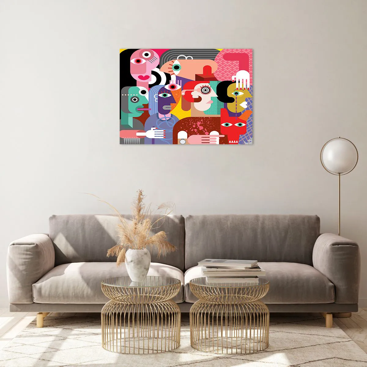 Tablou pe sticlă - Compoziție abstractă de fețe în culori vii - 70x50cm - Am venit de la domnul Picasso - Decorațiune modernă pentru perete pentru living și dormitor ARTTOR