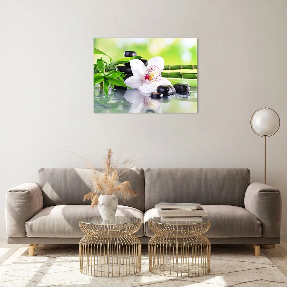 Glass picture - Orchid, bamboo and black stones against a green background - 70x50cm - Cool Freshness - Modern wall decoration for the living room and bedroom ARTTOR