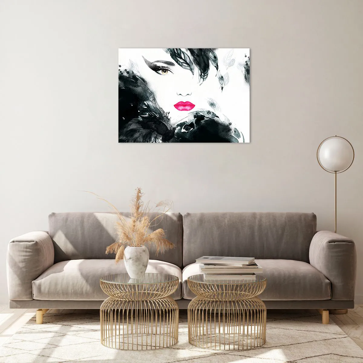 Glastavla - Bild på glas - Porträtt av en kvinna med rosa läppar och svarta accenter - 70x50cm - Observera! Femme fatale - Modern väggdekoration för vardagsrum och sovrum ARTTOR