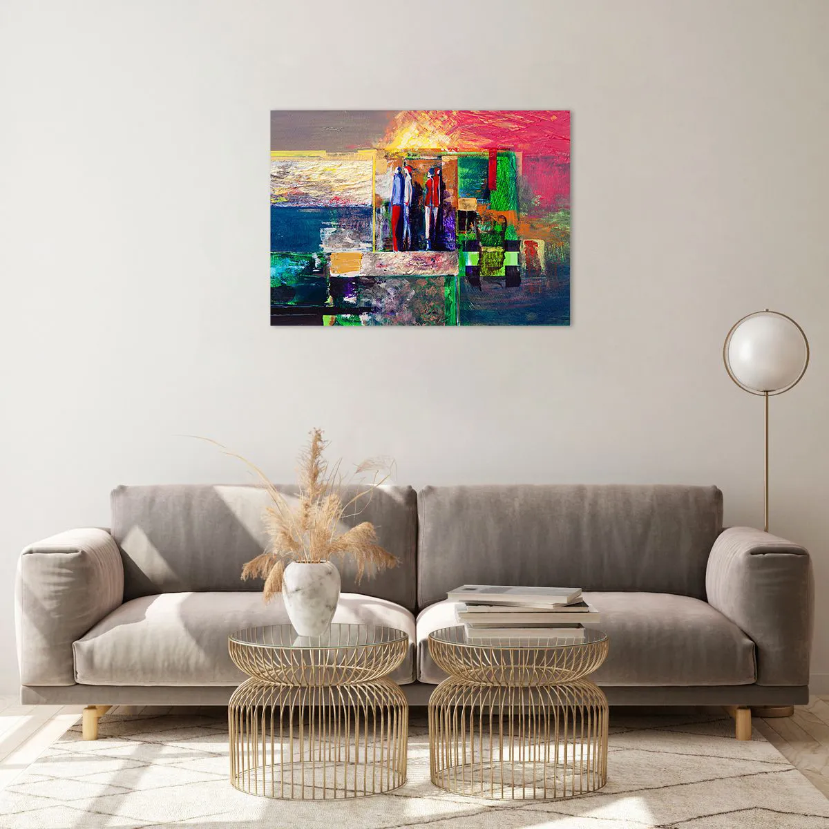 Billede på glas - En abstrakt komposition med figurer og intense farver. - 70x50cm - Forhold og følelser - Moderne vægdekoration til stue og soveværelse ARTTOR