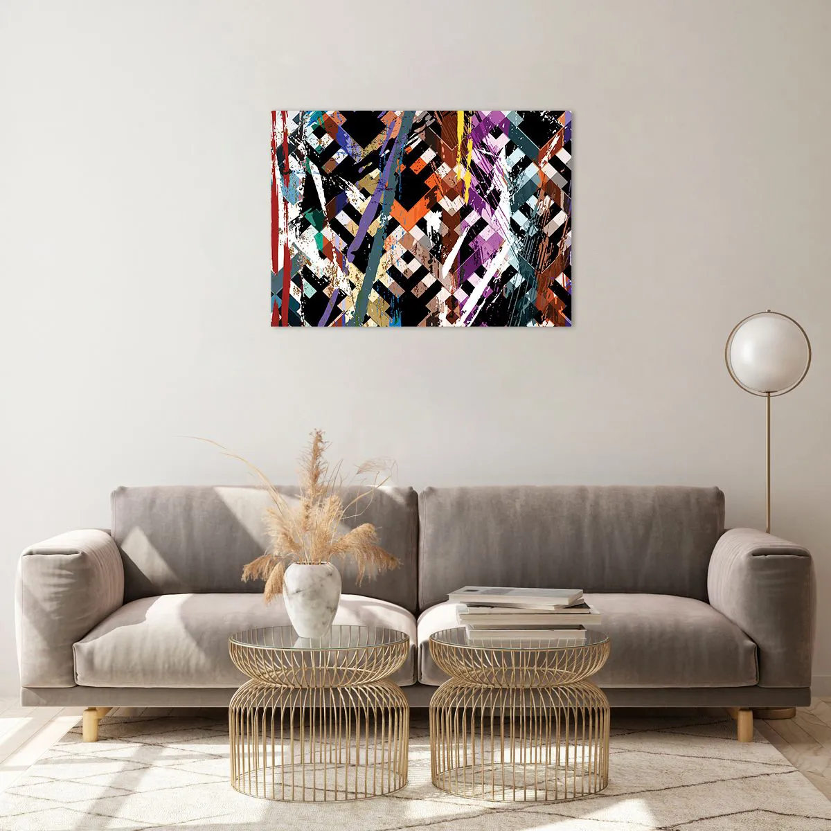 Quadro em vidro - Uma composição abstrata com padrões geométricos e cores intensas. - 70x50cm - Ao quadrado - Decoração de parede moderna para a sala de estar e quarto ARTTOR