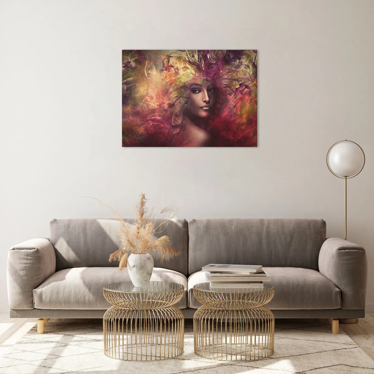 Tablou pe sticlă - Portretul unei femei înconjurate de culori luminoase, abstracte - 70x50cm - Iată-mă! - Decorațiune modernă pentru perete pentru living și dormitor ARTTOR