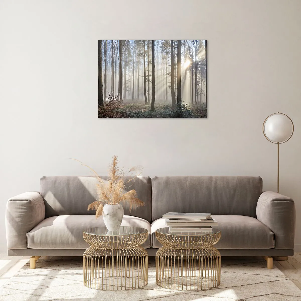 Quadro su vetro - I raggi del sole mattutino penetrano nella foresta nebbiosa - 70x50cm - Anche la nebbia si è svegliata - Decorazione murale moderna per soggiorno e camera da letto ARTTOR