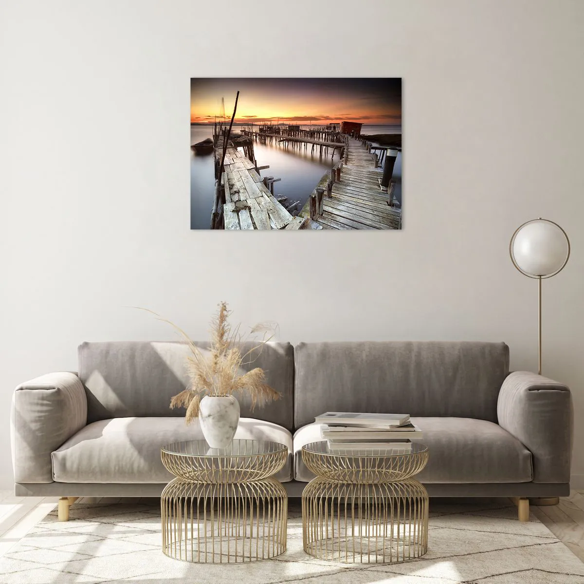 Tablou pe sticlă - Debarcader din lemn la apus peste un lac liniștit - 70x50cm - Autentic, nu o atracție turistică - Decorațiune modernă pentru perete pentru living și dormitor ARTTOR