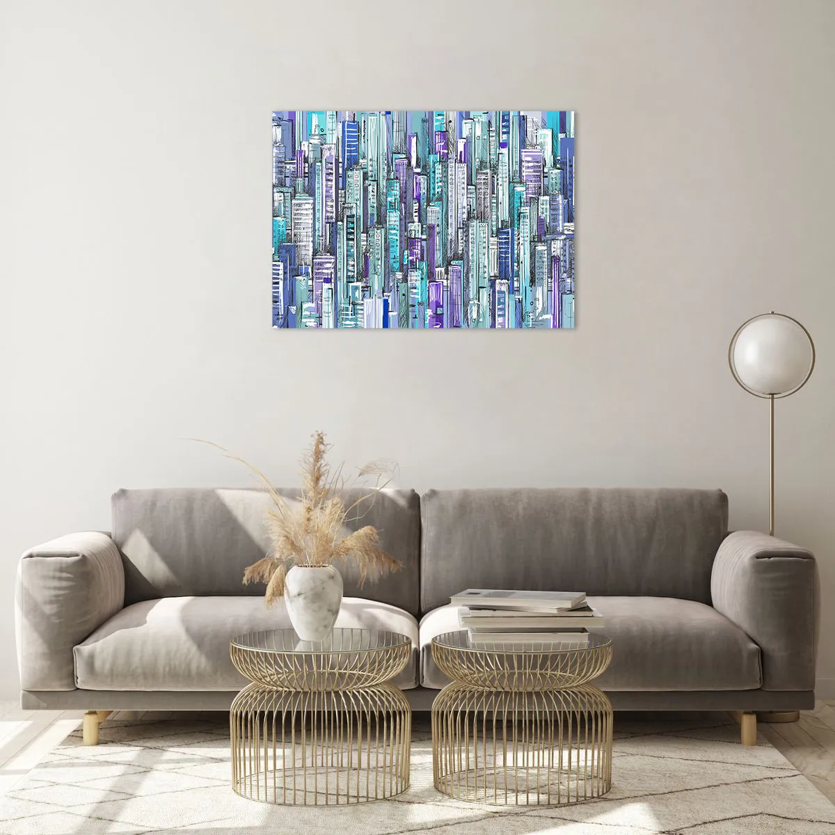 Quadro em vidro - Ilustração de uma cidade cheia de arranha-céus em tons frios - 70x50cm - Azul do céu - Decoração de parede moderna para a sala de estar e quarto ARTTOR