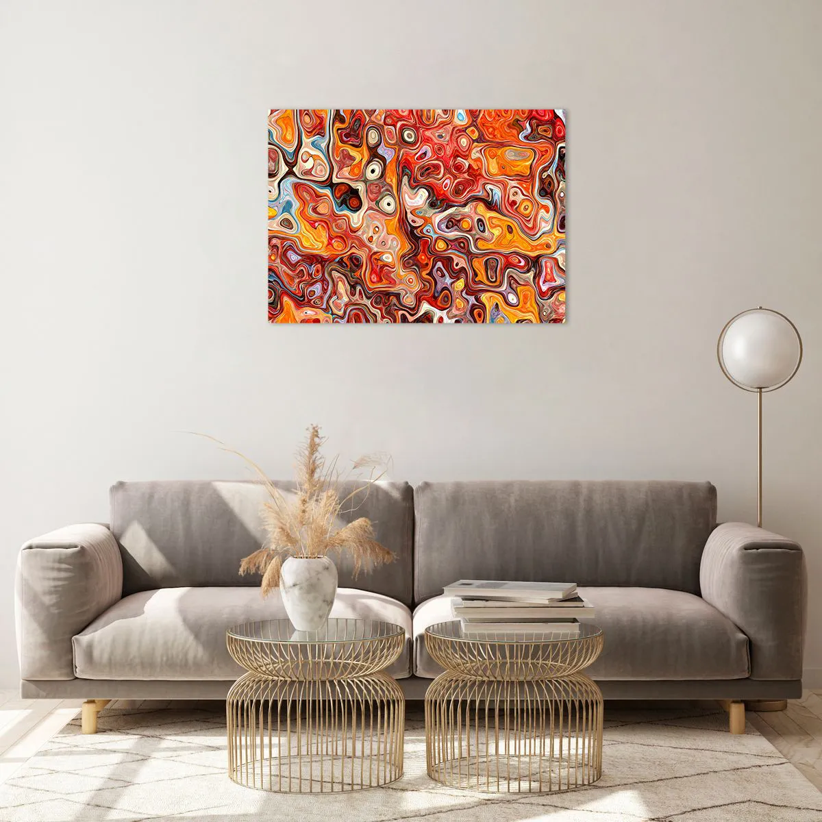 Schilderen op glas - Abstracte compositie in tinten oranje en rood - 70x50cm - Als de noten gesmolten zijn in honing - Moderne wanddecoratie voor woonkamer en slaapkamer ARTTOR