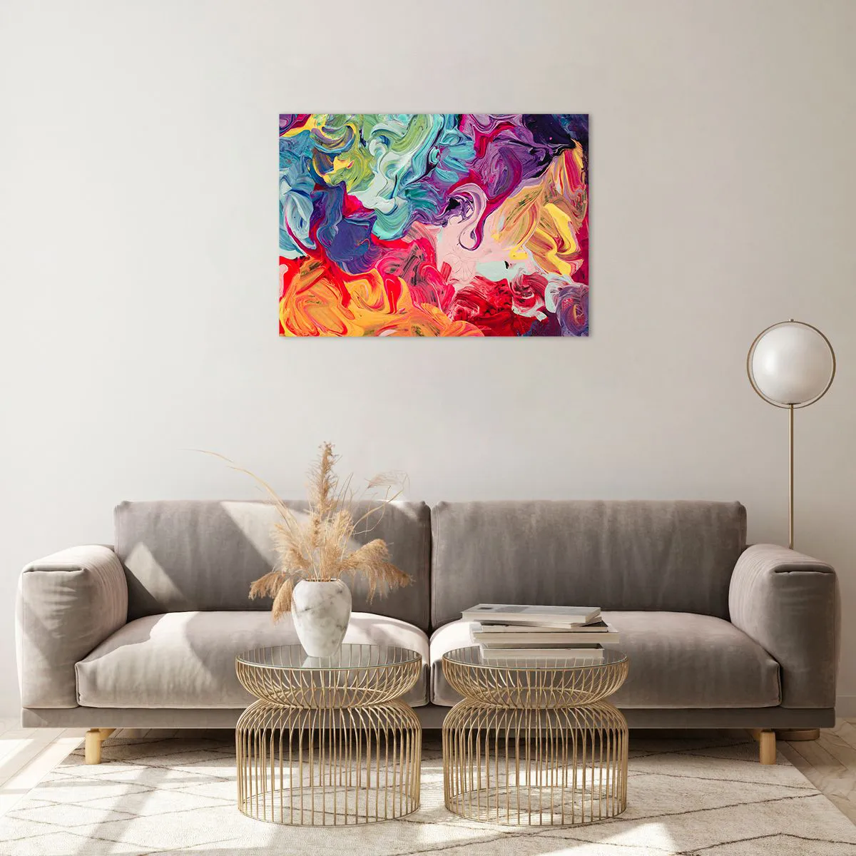 Glastavla - Bild på glas - Abstrakta färgglada strimmor av färg på duk i intensiva färger - 70x50cm - Färgerna föds - Modern väggdekoration för vardagsrum och sovrum ARTTOR