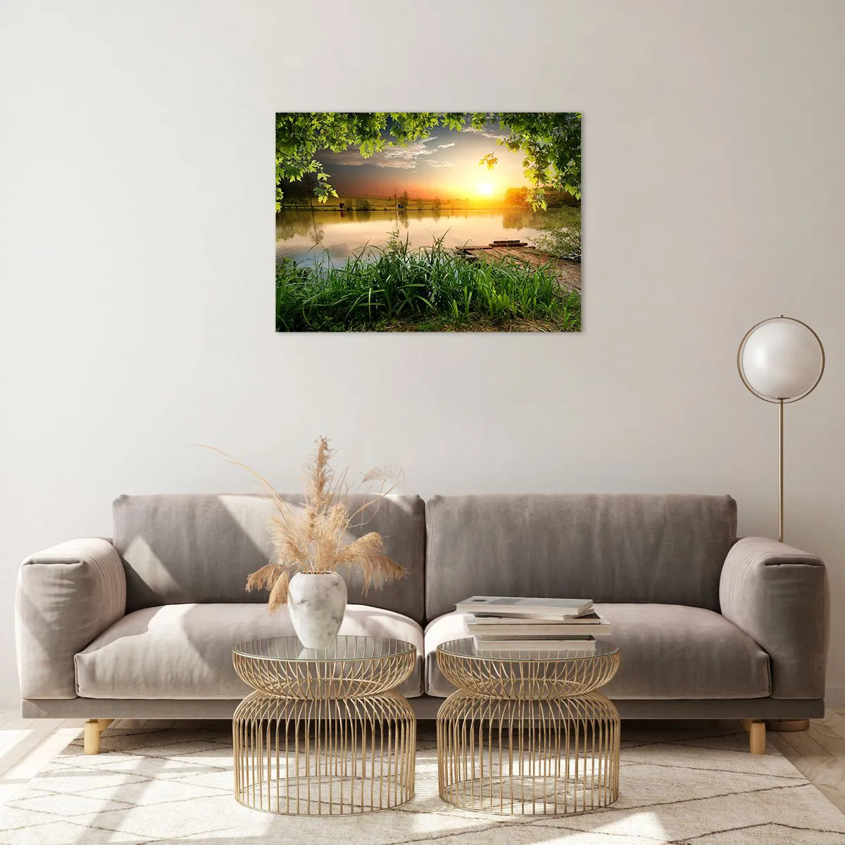 Glass picture - Landscape with a lake surrounded by greenery at sunset - 70x50cm - Landscape in a Green Frame - Modern wall decoration for the living room and bedroom ARTTOR