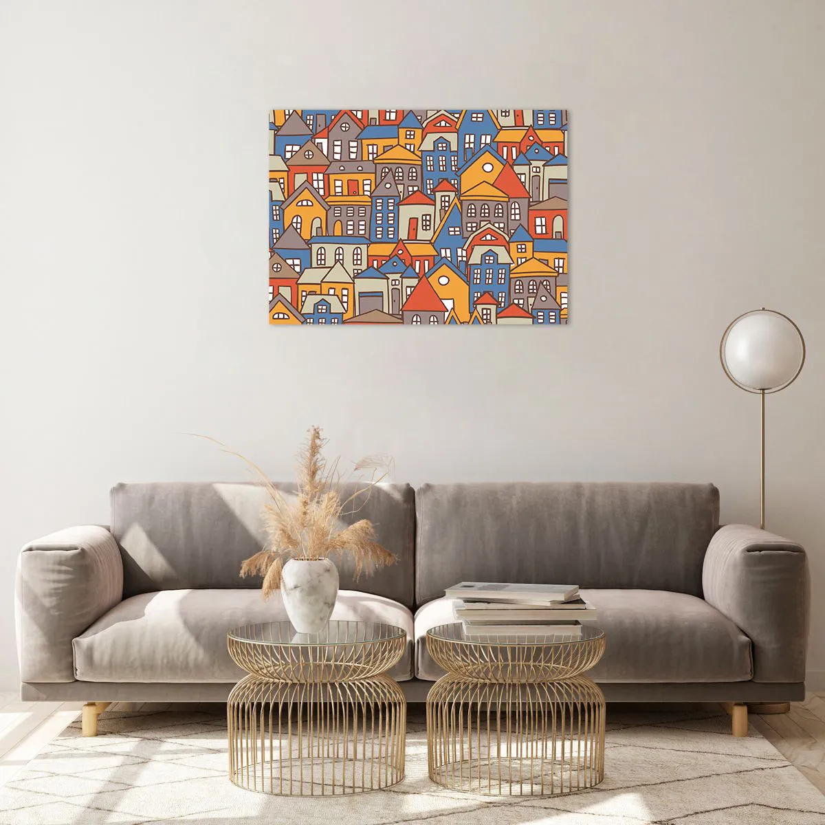 Glass picture - Colorful houses in a graphic style create a cheerful landscape - 70x50cm - House after House - Modern wall decoration for the living room and bedroom ARTTOR