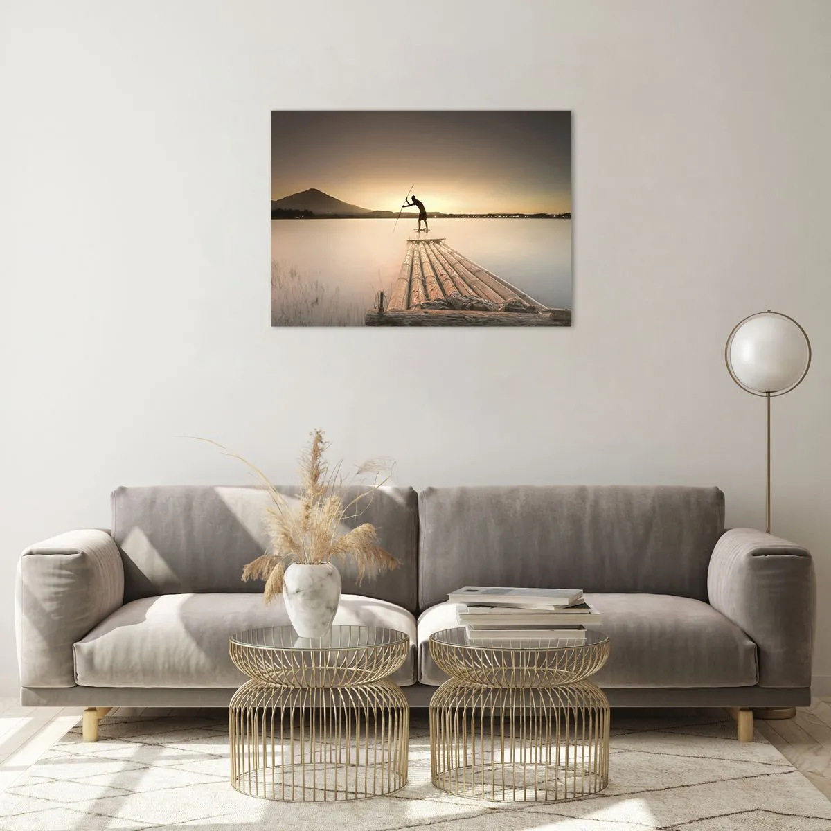 Obraz na szkle - Rybak na bambusowej tratwie o zmierzchu - 70x50cm - Przed spoczynkiem - Nowoczesna dekoracja ścienna do salonu i sypialni ARTTOR