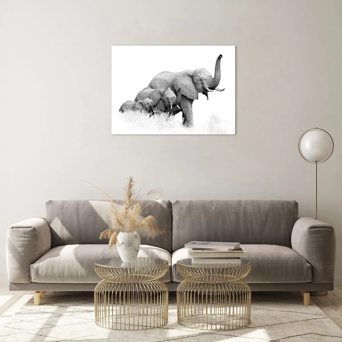 Impression sur verre - Image sur verre - Famille d'éléphants noirs et blancs dans la nature - 70x50cm - Un, deux, trois - Décoration murale moderne pour le salon et la chambre ARTTOR