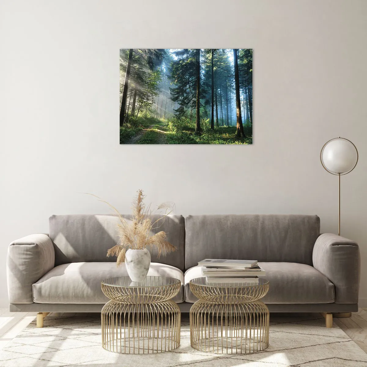 Glass picture - A forest path in the morning mist among tall trees - 70x50cm - Radiant at Dawn - Modern wall decoration for the living room and bedroom ARTTOR