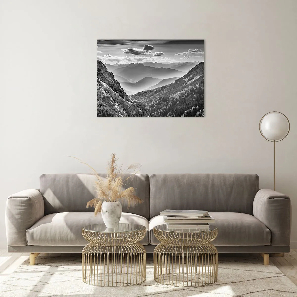 Impression sur verre - Image sur verre - Panorama de montagne en noir et blanc avec vue sur la vallée - 70x50cm - Jusqu'à l'horizon - Décoration murale moderne pour le salon et la chambre ARTTOR