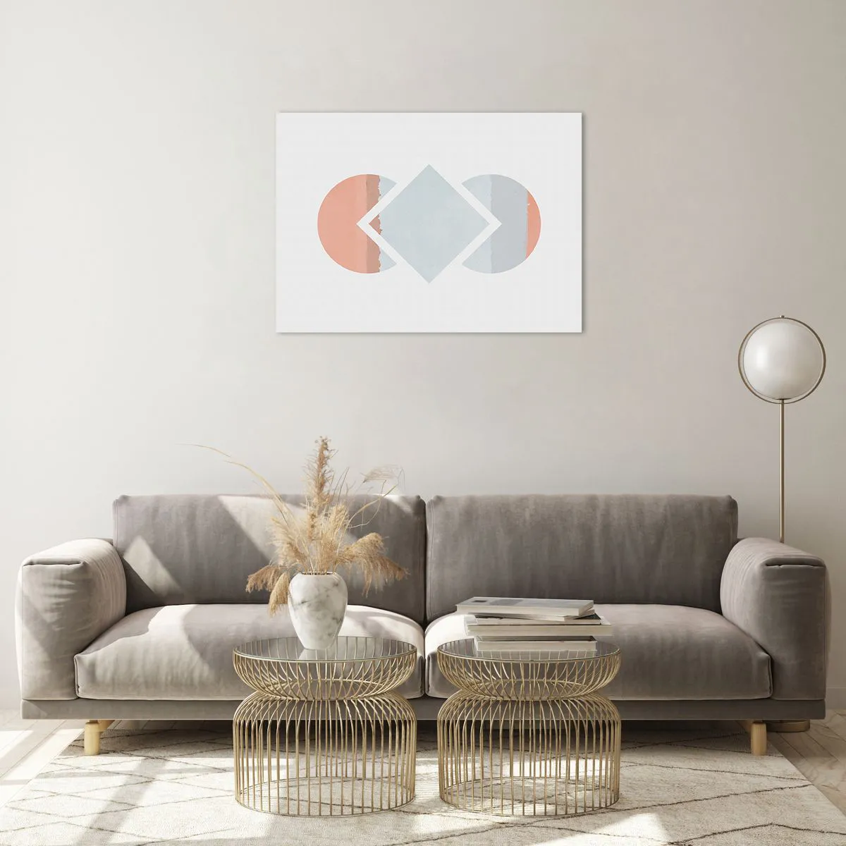 Impression sur verre - Image sur verre - Un losange pastel au centre entre les demi-cercles sur fond blanc. - 70x50cm - La situation est clair - Décoration murale moderne pour le salon et la chambre ARTTOR