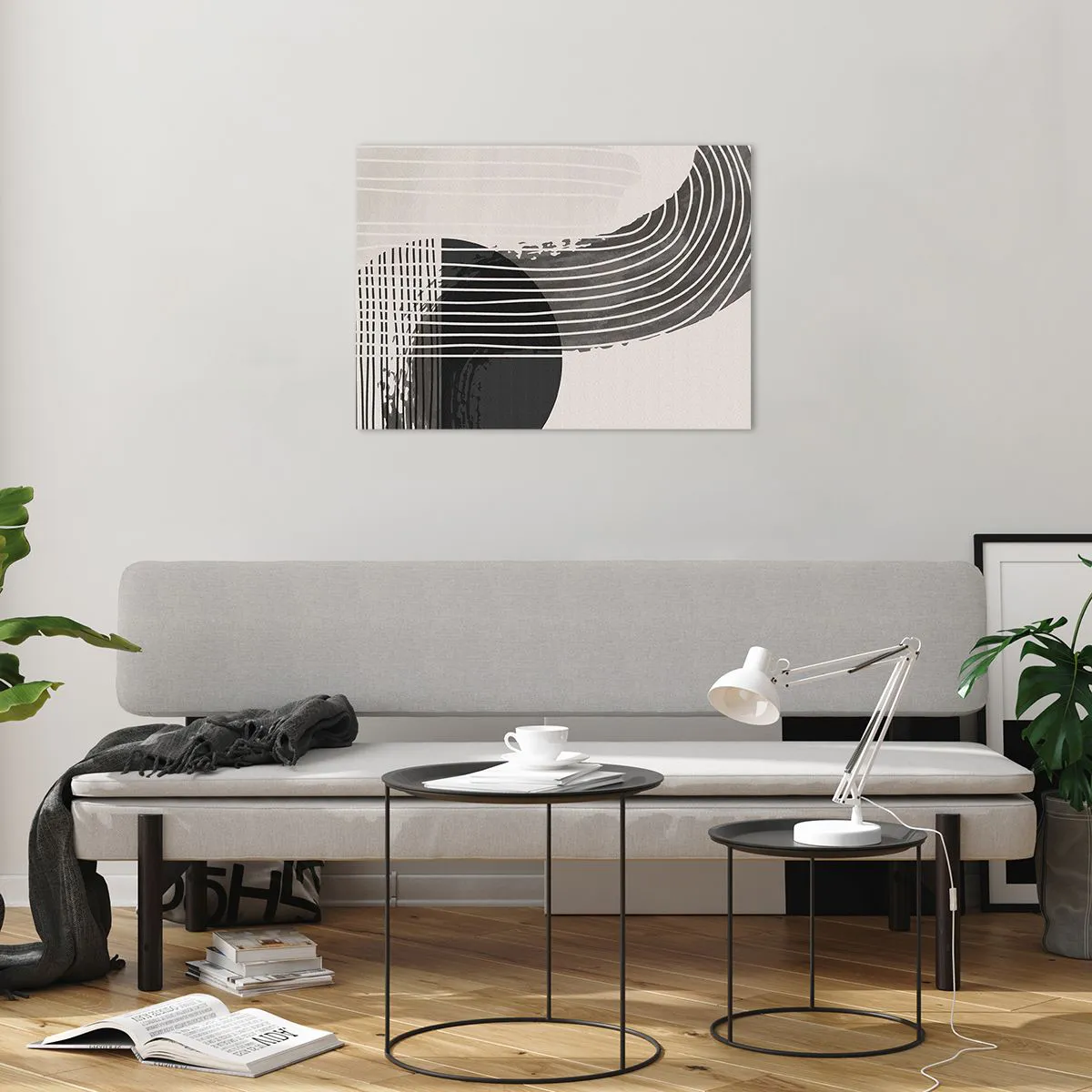 Billede på glas - Sort-hvid abstraktion med linjer og geometriske former - 70x50cm - Derhen og tilbage - Moderne vægdekoration til stue og soveværelse ARTTOR