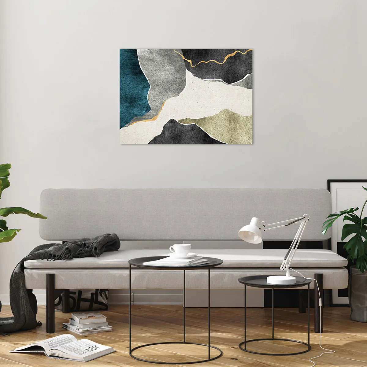 Obraz na szkle - Abstrakcyjna mozaika z organicznymi kształtami i złotą linią - 70x50cm - Mozaikowa kompozycja z nitką złota - Nowoczesna dekoracja ścienna do salonu i sypialni ARTTOR