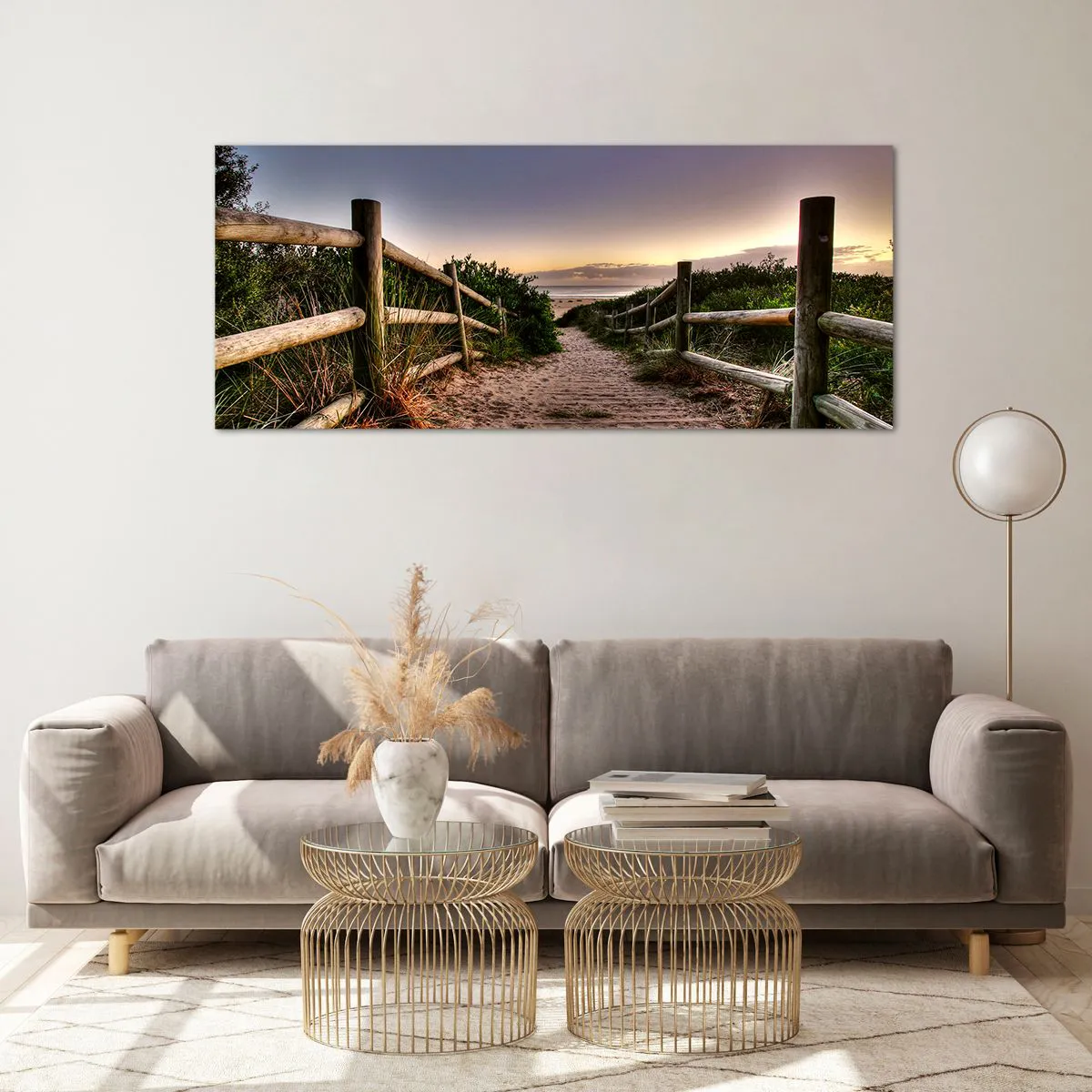 Cuadro sobre vidrio - Impresiones sobre Vidrio - Camino de madera en las dunas que conduce a la playa al atardecer - 120x50cm - Objetivo a la vista - Decoración de pared moderna para salón y dormitorio ARTTOR