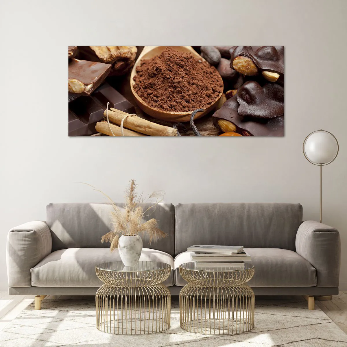 Quadro su vetro - Un cucchiaio di cacao e ingredienti al cioccolato in una disposizione rustica - 120x50cm - Ideale per i momenti di tristezza - Decorazione murale moderna per soggiorno e camera da letto ARTTOR
