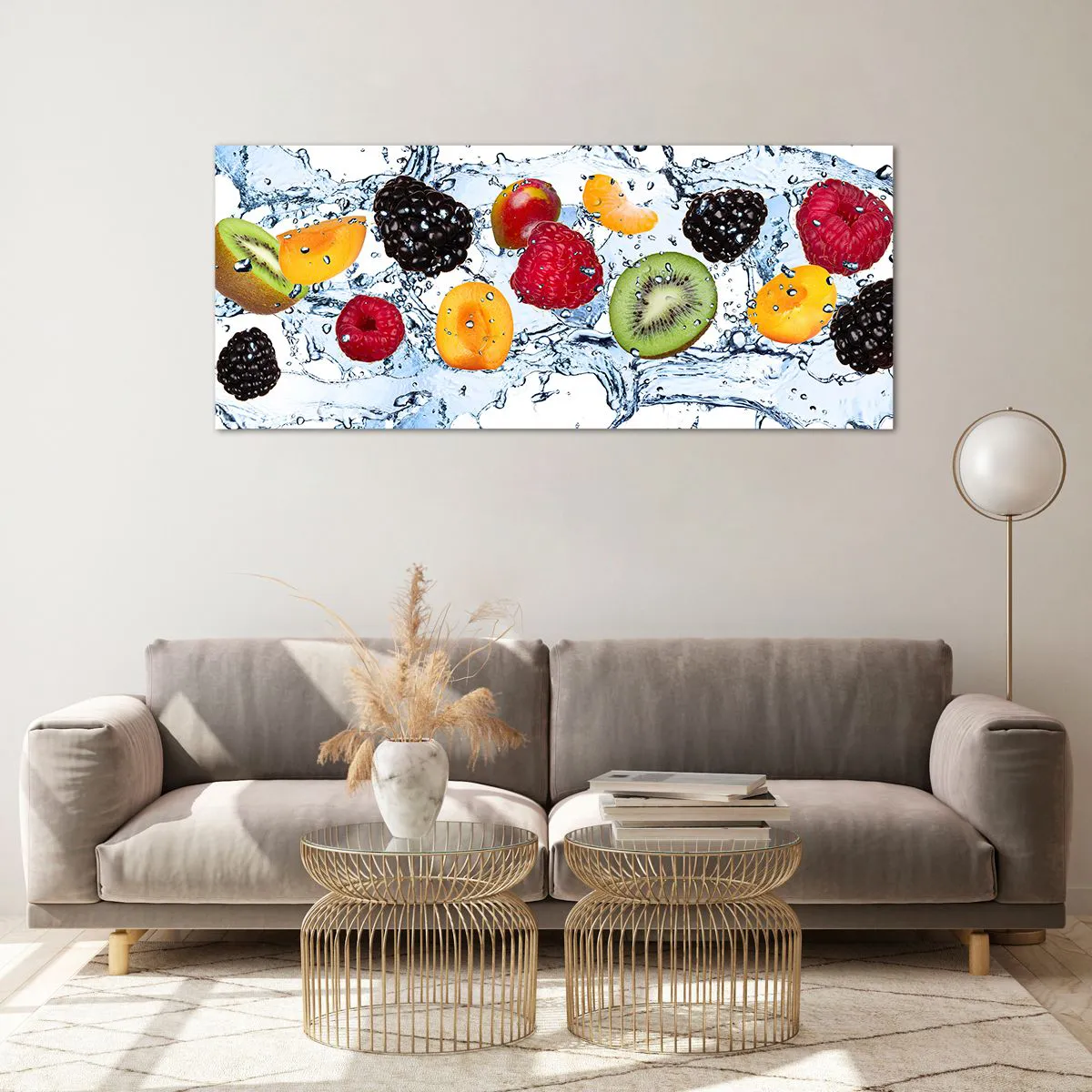 Quadro su vetro - Frutti colorati immersi in schizzi d'acqua su uno sfondo bianco - 120x50cm - Gioca con noi - Decorazione murale moderna per soggiorno e camera da letto ARTTOR