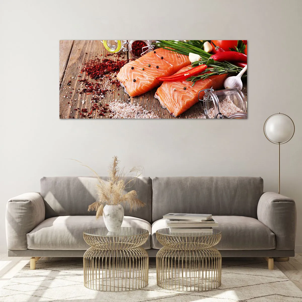 Cuadro sobre vidrio - Impresiones sobre Vidrio - Filetes de salmón con especias sobre fondo de madera. - 120x50cm - Una aventura noruega en la cocina - Decoración de pared moderna para salón y dormitorio ARTTOR