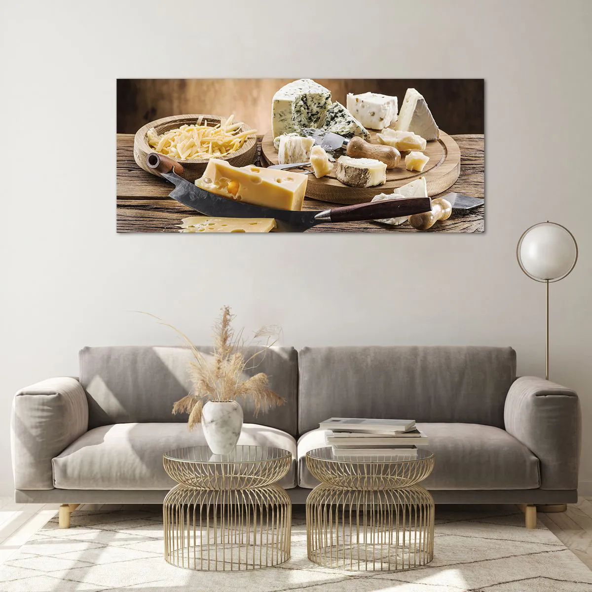 Cuadro sobre vidrio - Impresiones sobre Vidrio - Una tabla de quesos con diferentes tipos sobre una mesa de madera. - 120x50cm - Degustación de quesos - Decoración de pared moderna para salón y dormitorio ARTTOR