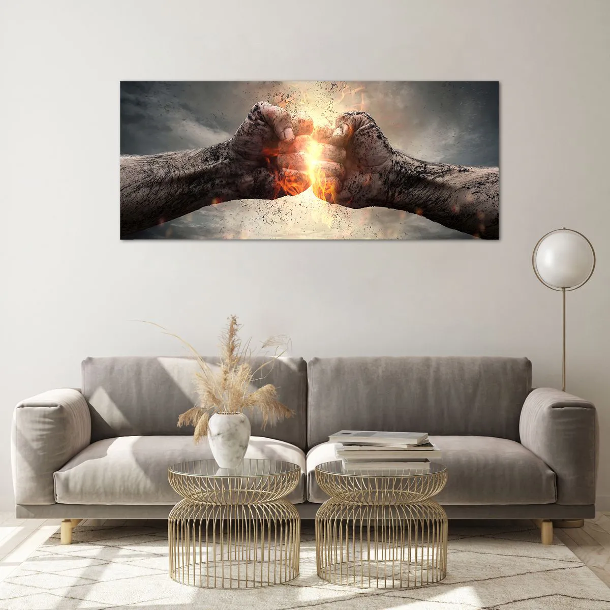 Glasbild - Bild auf glas - Geballte Fäuste in einer dynamischen Brandszene - 120x50cm - Steh auf für einen Kampf - Moderne Wanddekoration für Wohnzimmer und Schlafzimmer ARTTOR