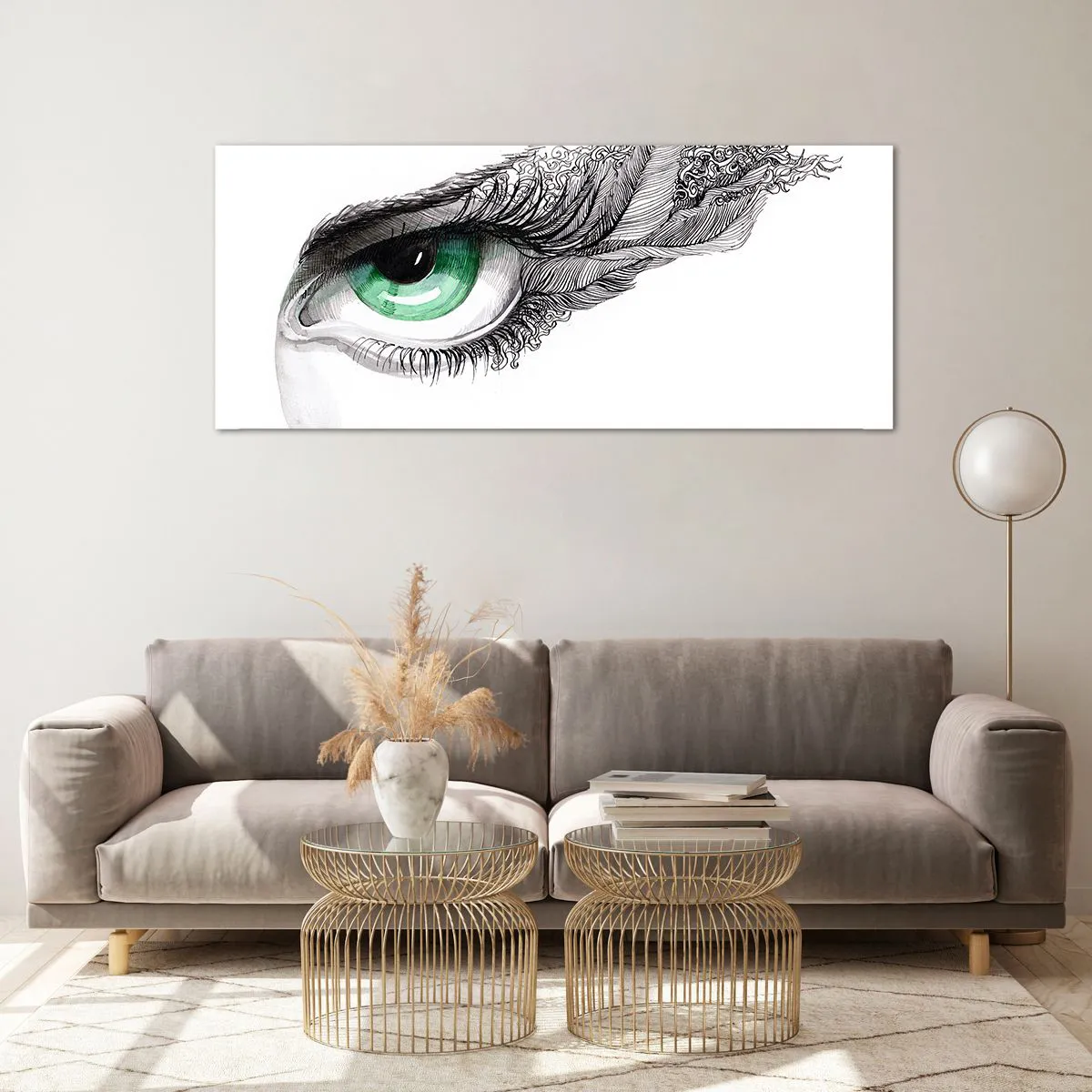 Cuadro sobre vidrio - Impresiones sobre Vidrio - Ojo artístico con iris verde y detalles de dibujo. - 120x50cm - Hermosa y lista para atacar - Decoración de pared moderna para salón y dormitorio ARTTOR