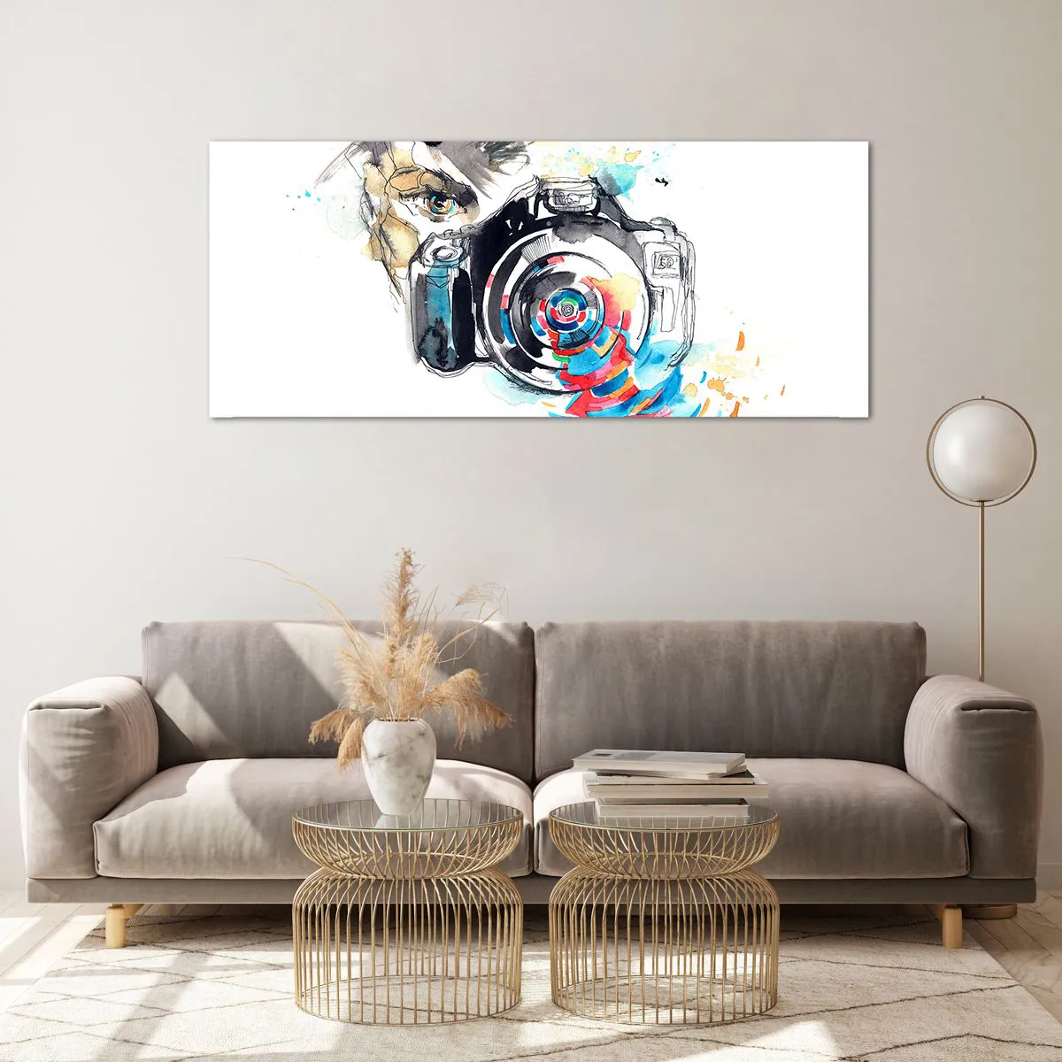 Glasbild - Bild auf glas - Aquarellkamera mit farbenfrohen Details - 120x50cm - Im Auge der Linse - Moderne Wanddekoration für Wohnzimmer und Schlafzimmer ARTTOR