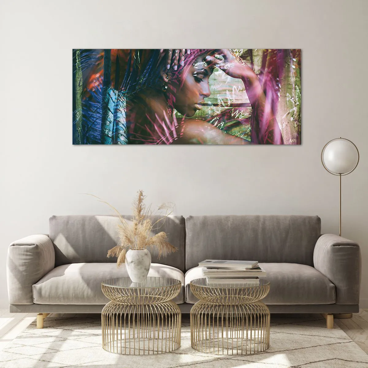 Glasbild - Bild auf glas - Porträt einer Frau, umgeben von exotischer Vegetation - 120x50cm - Mutter Natur im Dschungel - Moderne Wanddekoration für Wohnzimmer und Schlafzimmer ARTTOR