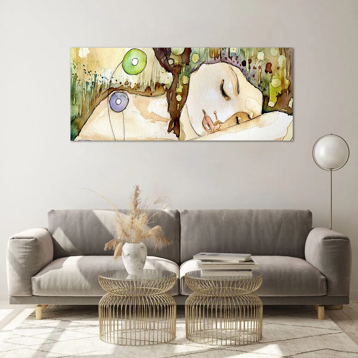 Glasbild - Bild auf glas - Eine träumende Frau, umgeben von abstrakten Formen und Farben. - 120x50cm - Ein smaragd-violetter Traum - Moderne Wanddekoration für Wohnzimmer und Schlafzimmer ARTTOR