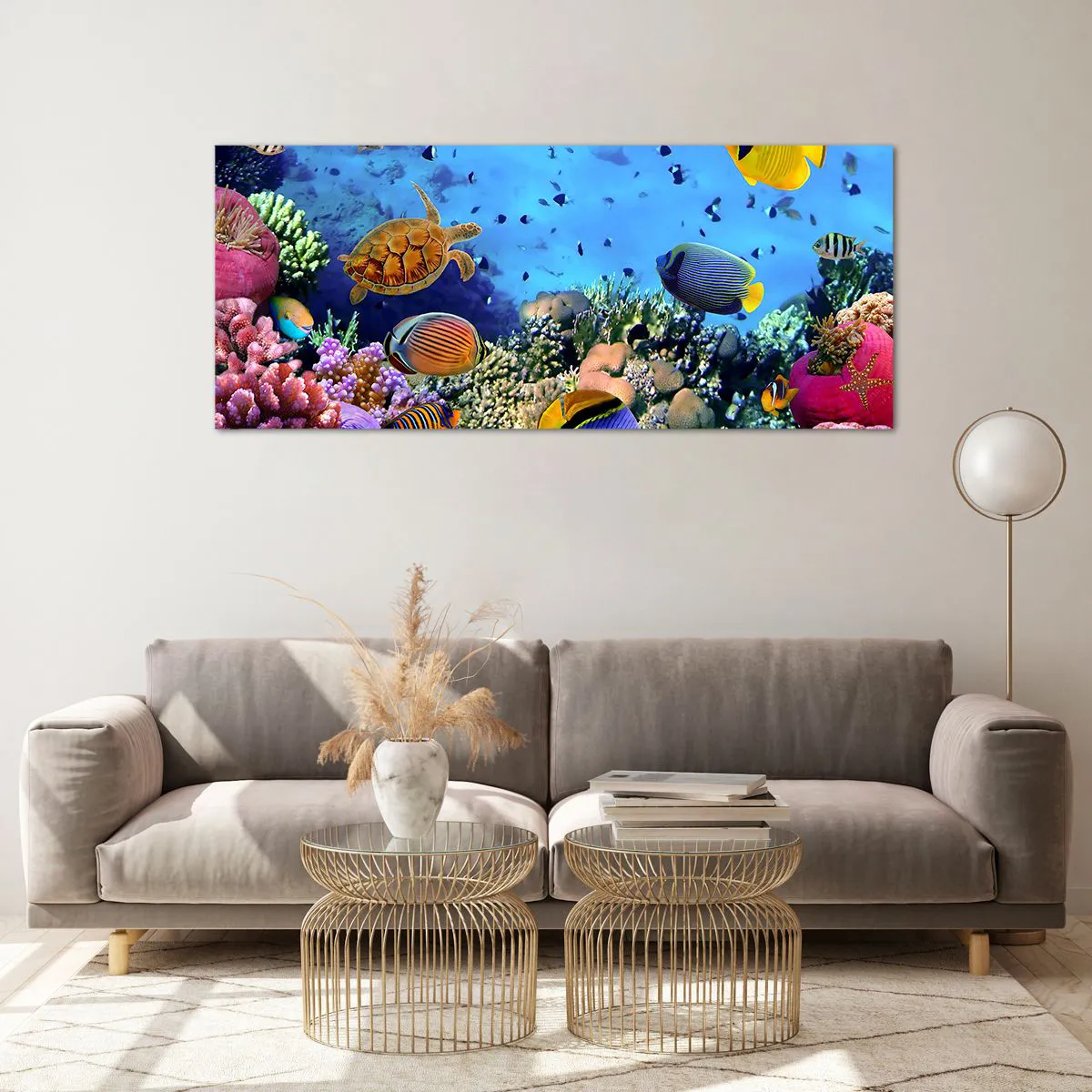 Obraz na szkle - Rafa koralowa z kolorowymi rybami i żółwiem morską - 120x50cm - I co my wiemy o życiu... - Nowoczesna dekoracja ścienna do salonu i sypialni ARTTOR