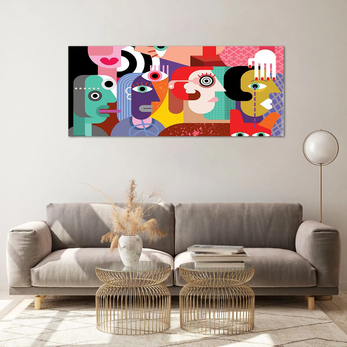 Cuadro sobre vidrio - Impresiones sobre Vidrio - Abstracción colorida con caras geométricas. - 120x50cm - Estilo Picasso - Decoración de pared moderna para salón y dormitorio ARTTOR