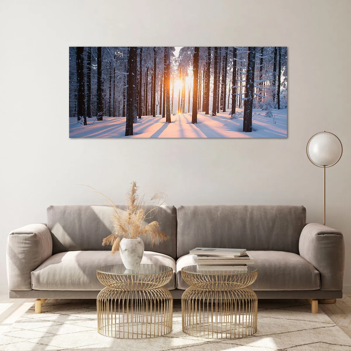 Cuadro sobre vidrio - Impresiones sobre Vidrio - Bosque invernal iluminado por los rayos del sol. - 120x50cm - Claramente en blanco y negro - Decoración de pared moderna para salón y dormitorio ARTTOR
