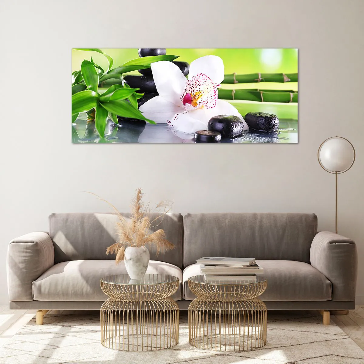 Obraz na szkle - Orchidea, kamienie i bambus w harmonijnej kompozycji spa - 120x50cm - Chłodna świeżość - Nowoczesna dekoracja ścienna do salonu i sypialni ARTTOR